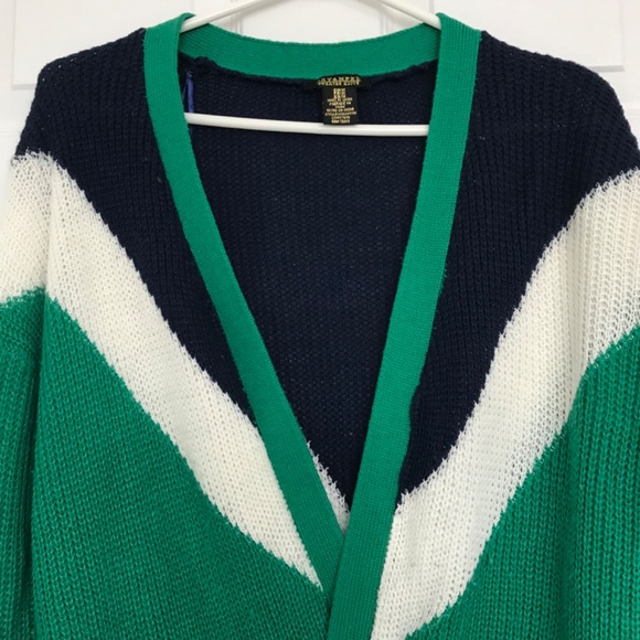 REVAMPED Sweater Knits Long Sleeve V-Patterned Cardigan M Green Navy Blue White - Picture 3 of 8
